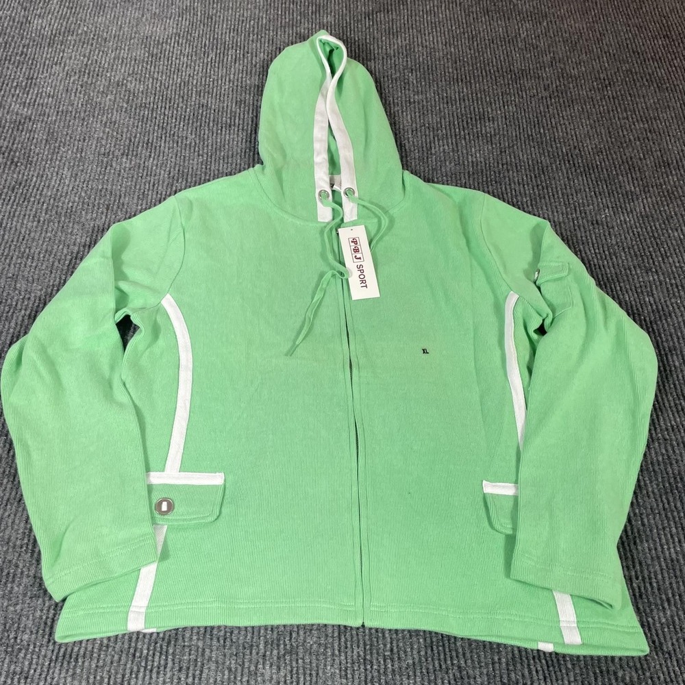 PBJ Sport Hoodie Womens XL‎ Green Full Zip Hooded Jacket White Trim Coastal Cozy